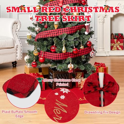 MACTING Christmas Tree Skirt 30 Inch Small Burlap Tree Mat with Red and Black Plaid Buffalo Edge Merry Christmas Printed for Holiday Party Indoor Home Xmas Tree Decorations,Red