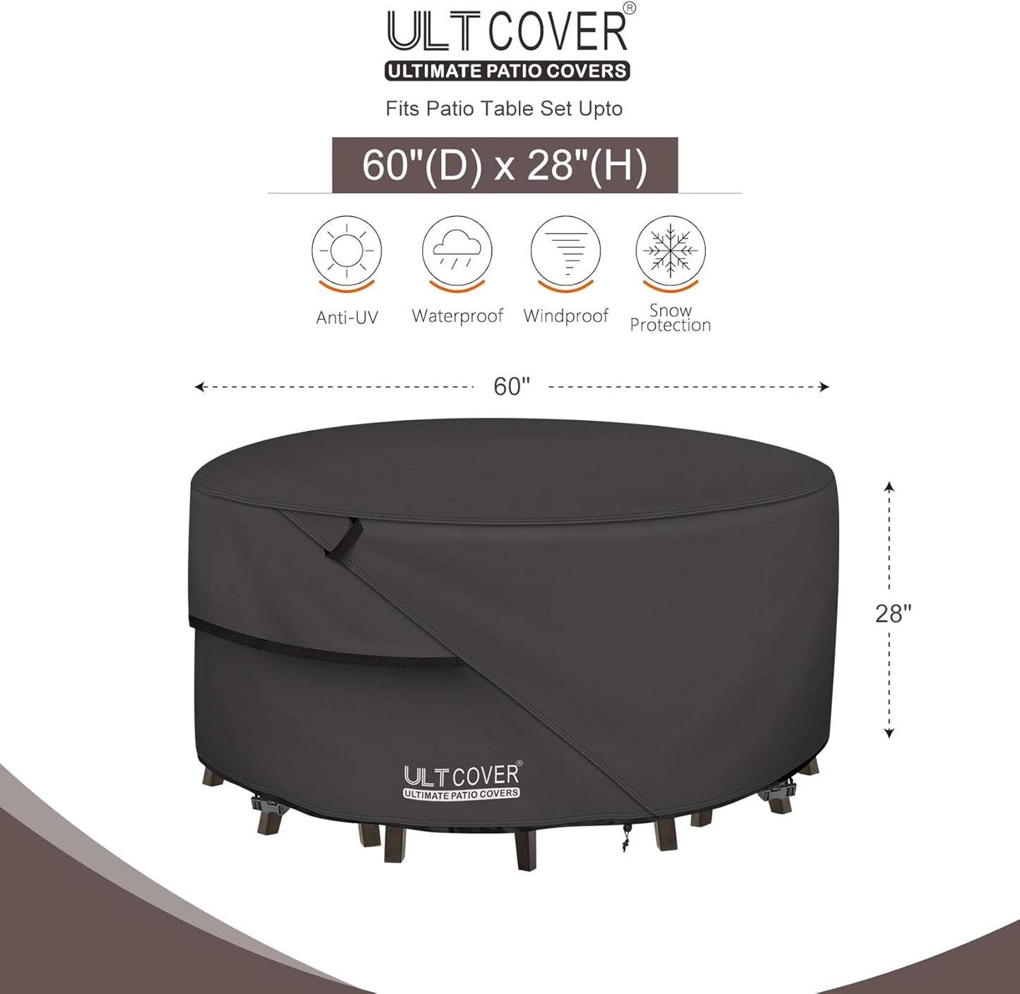 ULTCOVER Round Patio Furniture Cover - Waterproof 60-Inch Table & Chair Set Cover, Black