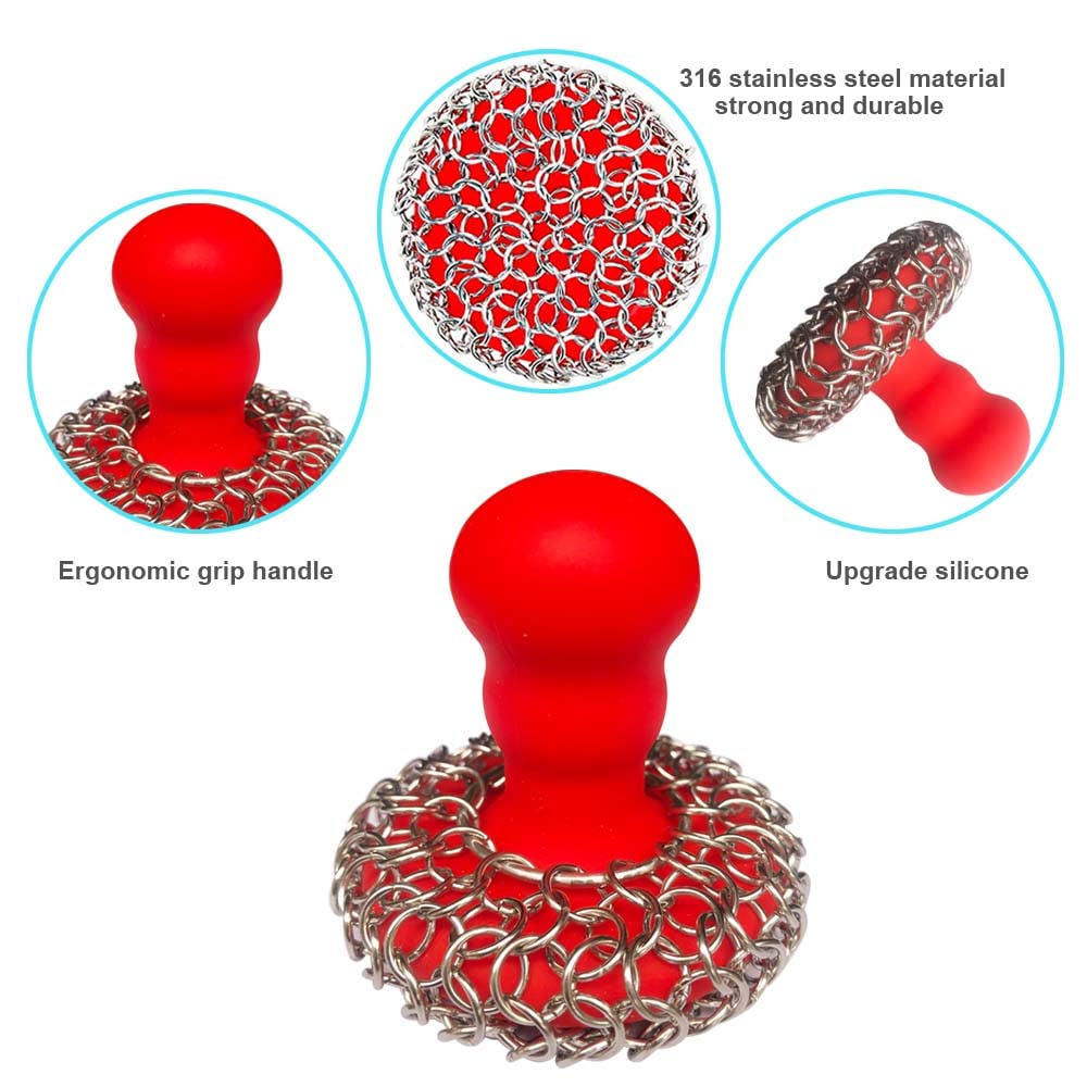 316 Upgraded Chainmail Scrubber with Silicone Handle Cast Iron Cleaner for Cast Iron Grill Pan Skillet Wok Bakeware Ergonomic to Hold Easy to Use Dishwasher Safe, Scrubber + Scraper + Towel (Red)