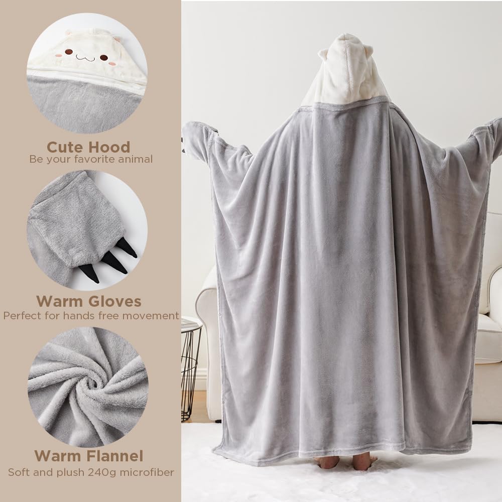 Bunnikins & Clover Wearable Hoodie Blanket for Adults, Warm and Cozy Oversized Blanket, Soft Flannel Fleece Hoodie Throw Blankets,Cat