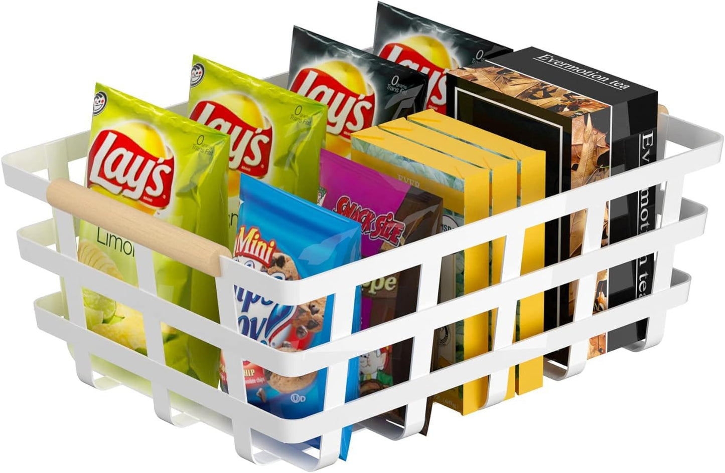 4 Pack Large Metal Storage Baskets, Farmhouse Baskets, Pantry Organizer Baskets with Wood Handle, Metal Baskets Bins for Kitchen Pantry Shelf Cabinets, White