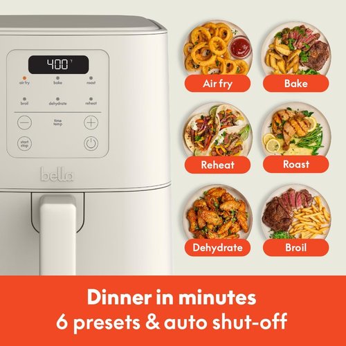 Bella 4Qt Slim Air Fryer - EverGood™ Ceramic Nonstick Coating, Adjustable Temp, 6 Cooking Options, Oatmilk