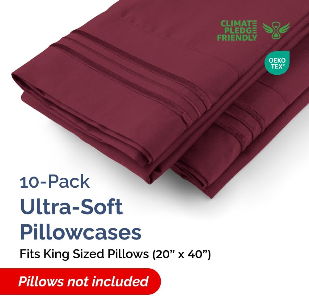 King Pillow Cases by Luxurious Living - Ultra Soft Hotel Quality - Wrinkle Free & Stain Resistant - 10 Pcs Set in Burgundy