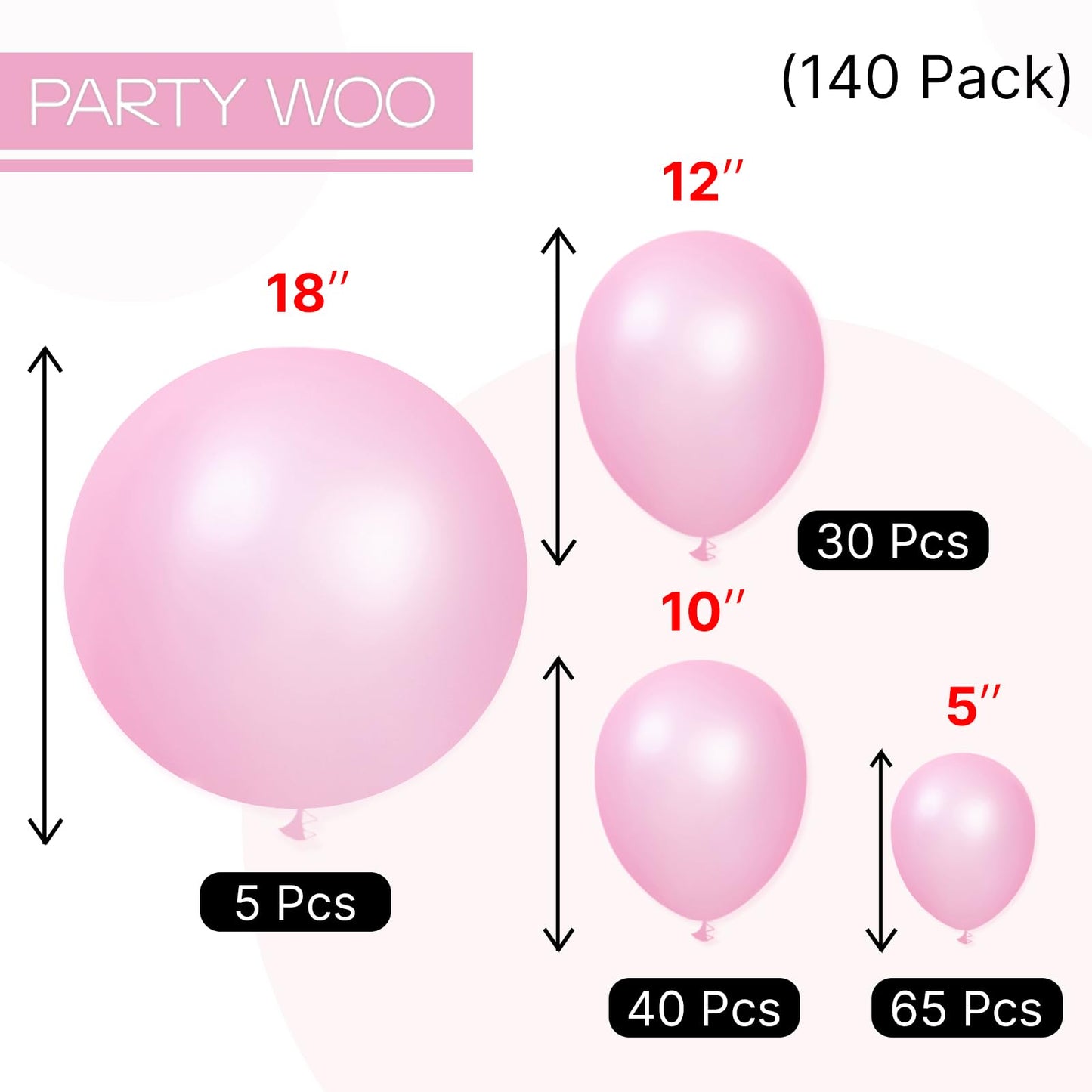 PartyWoo Pearl Pink Balloons 140pcs Different Sizes of 18 12 10 5 Inch Light Pastel Baby Pink Balloon Arch Kit Garland for Girl Baby Shower Princess Gender Reveal Birthday Party Decorations Pink-Z44