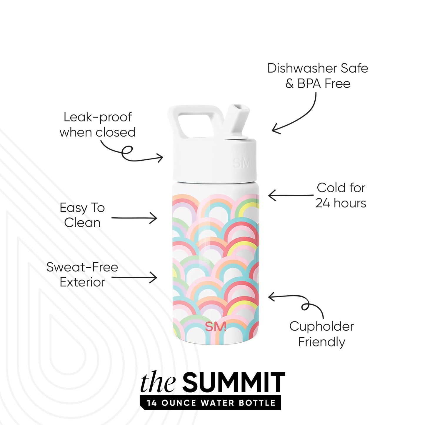 Simple Modern Kids Summit Water Bottle with Straw Lid | 14oz Stainless Steel Cup Insulated Tumbler for Toddlers, School | Rainbow Spark