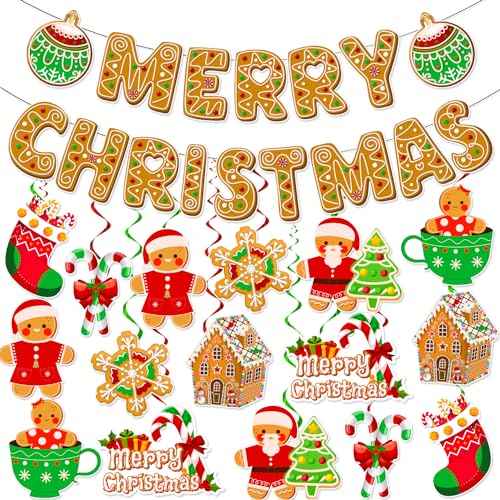 LARRAZABAL Gingerbread Banner, Gingerbread Christmas Decor Include Christmas Banner and Gingerbread Hanging Swirl, Christmas Party Supplies Decorations