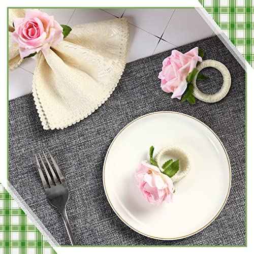 Flower Napkin Rings Set of 6 Pink Champagne Rose Flower Handmade Napkin Holder Rings Table Decorations for Summer Wedding Birthday Luncheons Picnics Banquet Thanksgiving Christmas