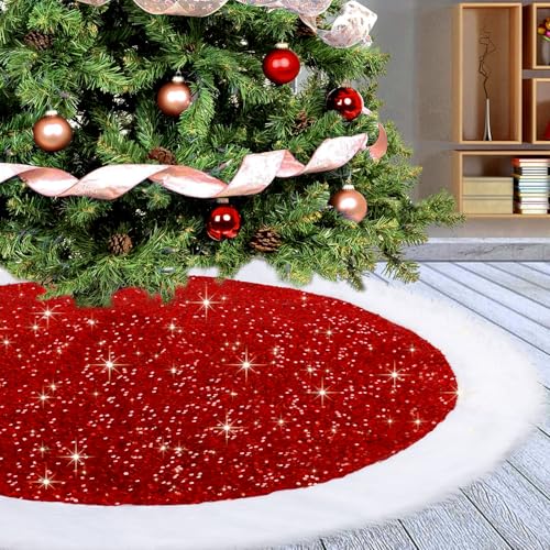 Dremisland 48-inch Red Sequin Christmas Tree Skirt with Faux Fur - Holiday Decor
