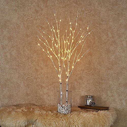 Hairui White 2-Pack Lighted Artificial Birch Tree Branch with Fairy Lights, 30 Inch, 100 LEDs, Battery Operated Christmas Decor