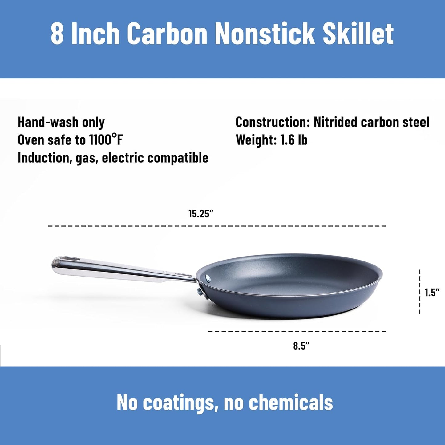 Misen Carbon Nonstick™ Skillet - High Heat Ready Nitrided Carbon Steel - 8 Inch Induction & Oven Safe