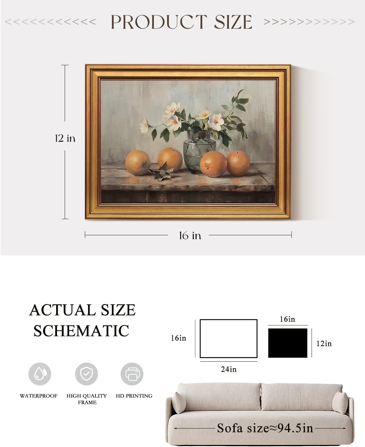 VIYYIEA Vintage Gold Framed Canvas Prints - Rustic Still Life Oranges Wall Art for Kitchen & Dining Room | 12x16 Inch