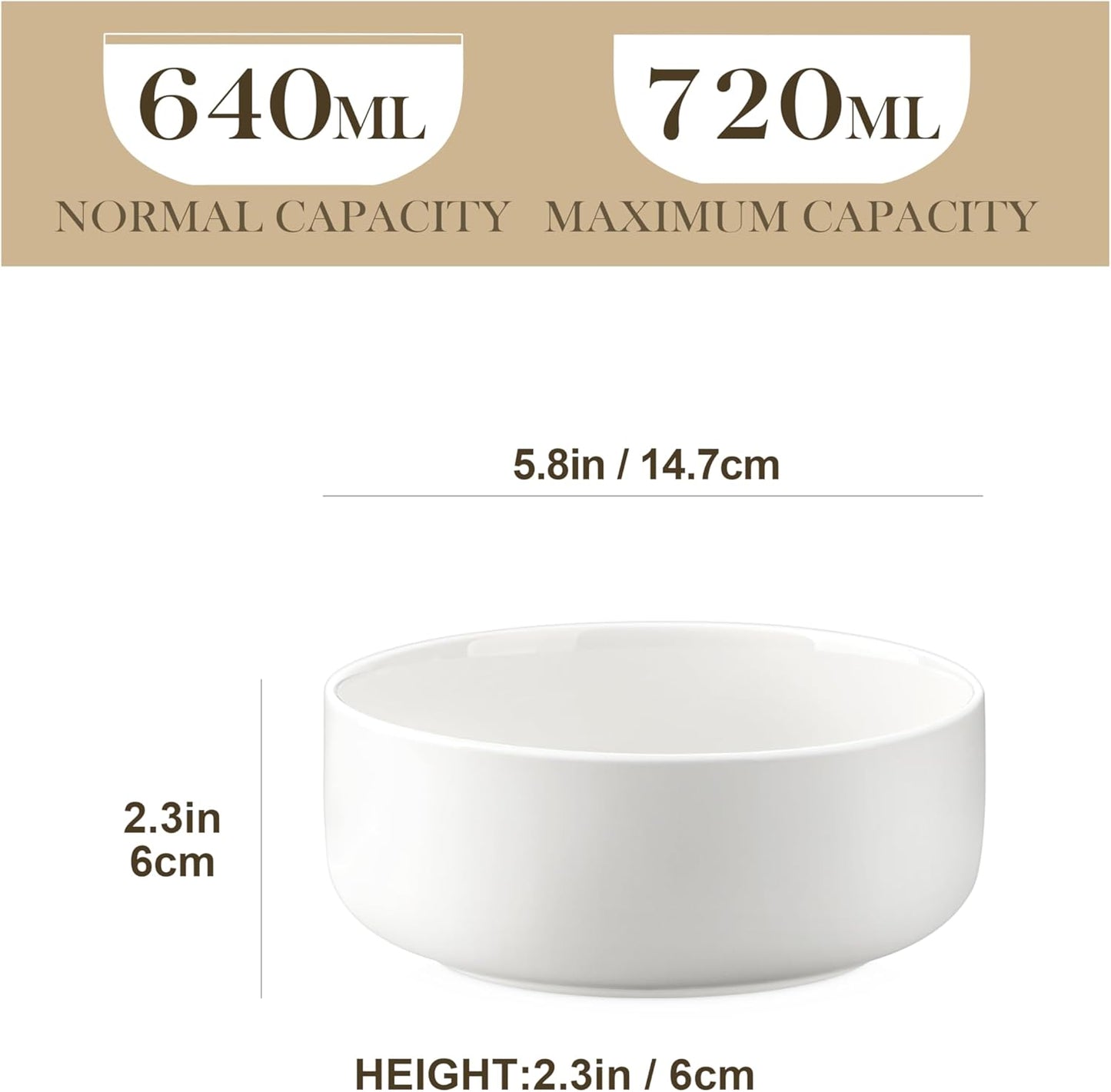 MALACASA 24 OZ Cereal Bowls Set of 6 - White Porcelain Soup & Oatmeal Bowls | Dishwasher & Microwave Safe
