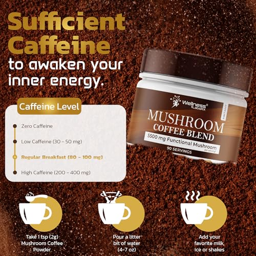 Organic Mushroom Coffee Instant Pack of 2 - 6.35oz, 7 Superfood Mushrooms Blend, 180 Servings
