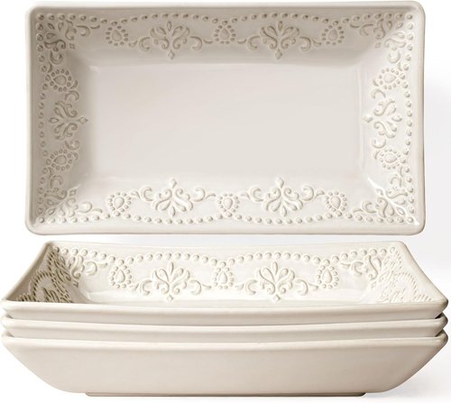 Artena Ceramic Rectangle Plates Set of 4 | Deep Lipped Edges for Appetizers & Desserts - Microwave/Oven Safe, Floral Design