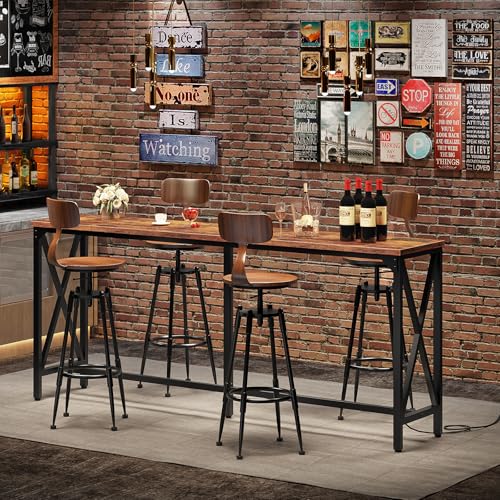 70.9-Inch Industrial Style Bar Table with Power Outlet and Footrest - Rustic Brown & Black