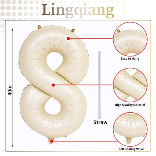 40 Inch Cream Foil Balloon Number 8, Giant Self Inflating Beige Number Balloons 0-9 for Men Women, White Sand 8 Helium Balloons Set for Girls Boys 8th Birthday Anniversary Party Decorations Supplies