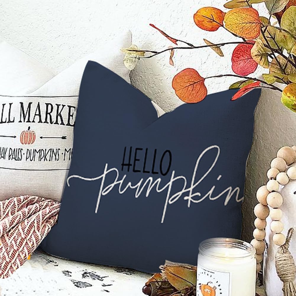 RABUSOFA Fall Pillow Covers - 18x18 Inch Dark Blue Harvest Design | Autumn Hello Pumpkin Decor