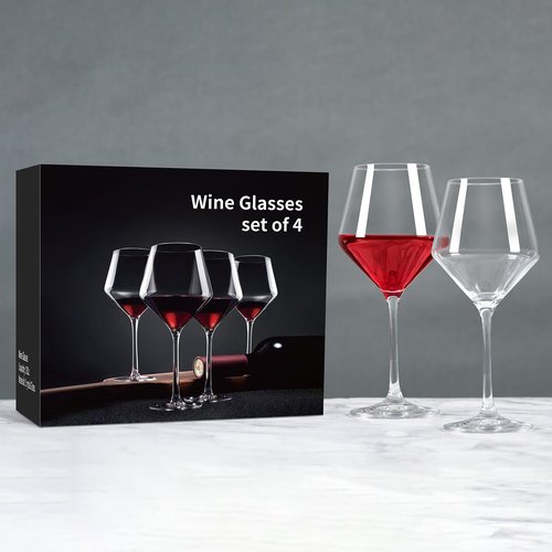 FrutPunch Hand-Blown Crystal Wine Glasses Set of 4, 16OZ, Long Stem Glasses for Red and White Wine, Christmas and Wedding Gifts (4)