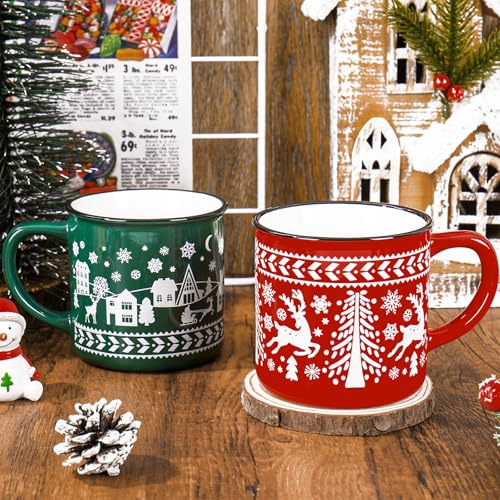 Christmas Enamel Mug Set – 15oz Holiday Coffee Cups with Red & Green Designs