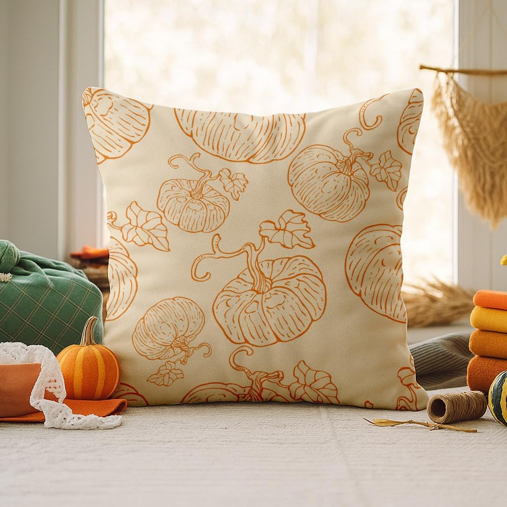 Regine Switzerland Fall Pumpkin Pillow Covers - 18x18 Burnt Orange Farmhouse Decor for Halloween & Thanksgiving