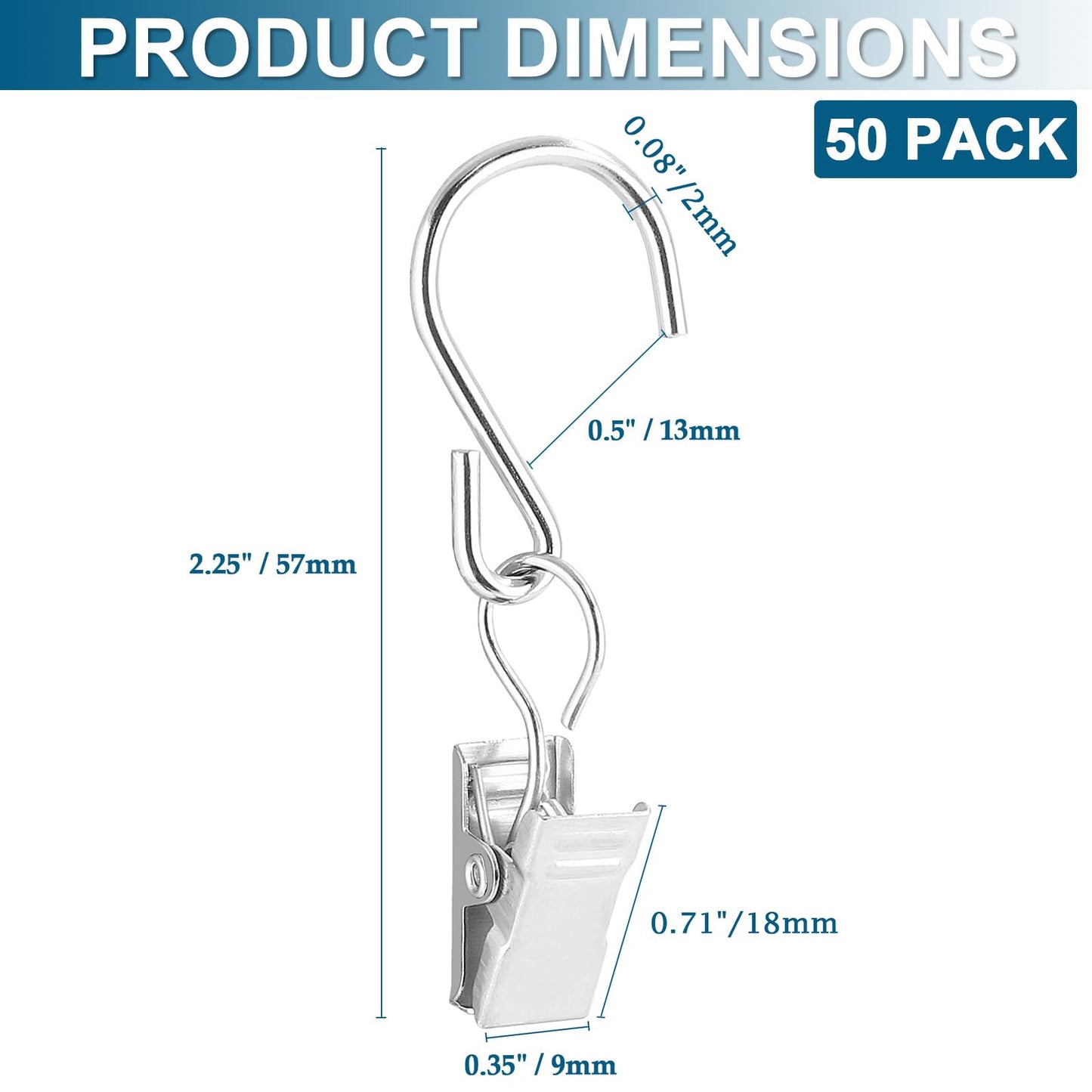 Litoexpe 50 PCS S Hooks Curtain Clips, Metal Hanging Clips Hooks for Awning String Party Light Hangers, Gutter Clip Camping Tents, Outdoor & Indoor (Silver)
