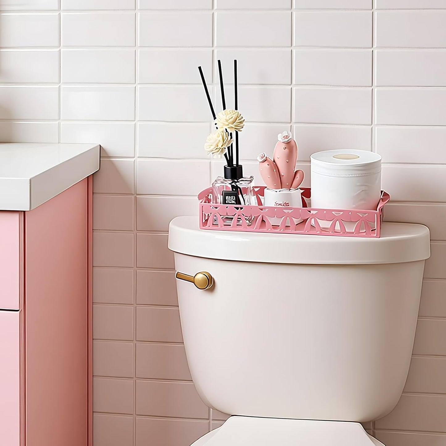 Skiennix Pink Bow Toilet Paper Basket - Cute Metal Holder with Handle for Stylish Bathroom Storage