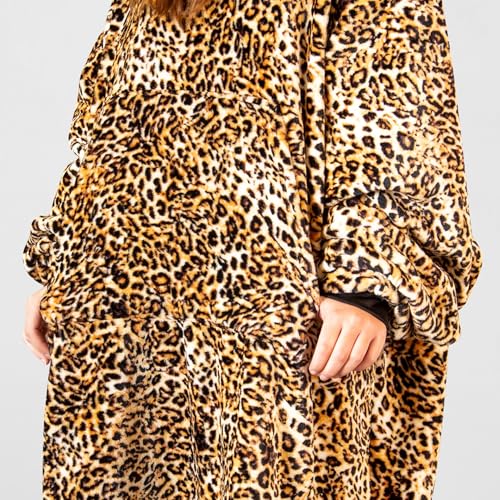 Carstens Premium Leopard Print Hooded Blanket Hoodie for Adults, Wearable Throw with Pockets & Sleeves