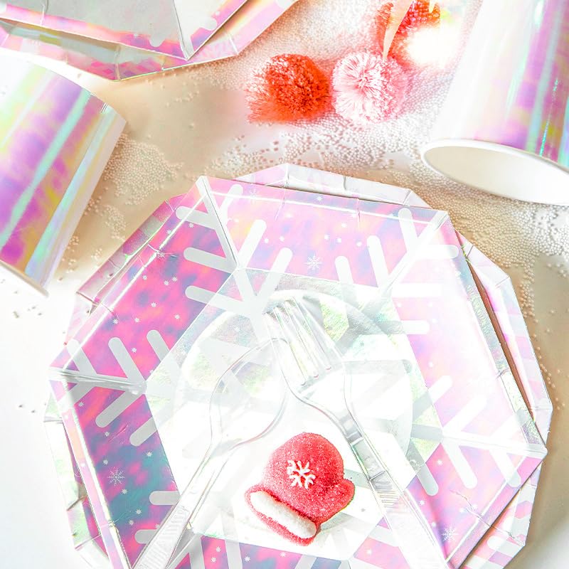 Snowflake Party Plates - Dodecagon 9in Iridescent Pink, 24ct (Snowflake) – Disposable Snow Theme Party Supplies