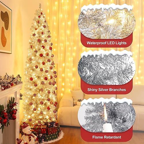 Decoway 6ft Slim Christmas Tree with 200 Warm White LEDs – Pre-lit, Silver