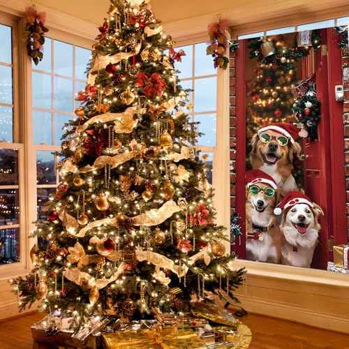 Christmas Door Cover Cute Santa Dogs Front Door Covers Decoration 71x36 Inch, Merry Christmas Banner for Holiday Parties, Winter Xmas Decor with Fabric, Festive Backdrop for Home & Office