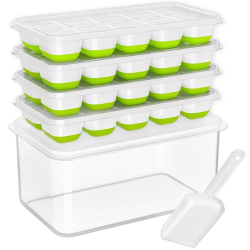 DOQAUS Ice Cube Tray with Lid and Bin - 4 Pack Silicone Ice Cube Trays for Freezer, Stackable Ice Bucket Kits with Storage Container & Scoop for Kitchen, RV, Cocktail, Coffee