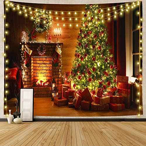 Mr.Bee Tapestry Colorful Backdrop, Xmas Santa Claus, Reindeer, Tree and Fire Place for The Living Room Background Wall Hanging for Party Home Christmas Wall Decor (W59 x L51)