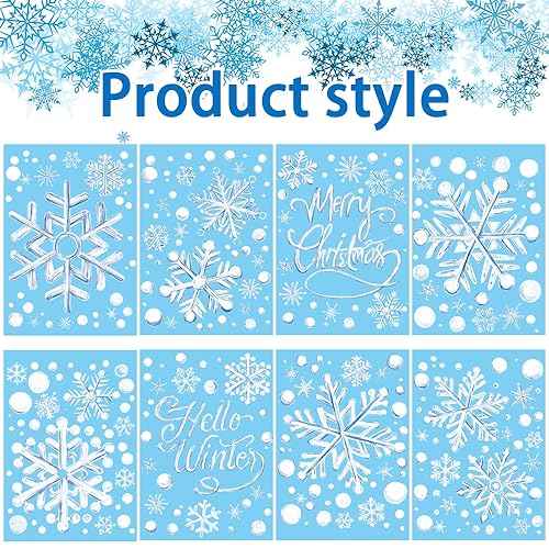 YUJUN 8 Sheets Winter Snowflakes Window Decals,Christmas Blue Oil Painting Snowflakes Stickers for Christmas Glass Home Decor and Xmas Winter Window Decoration