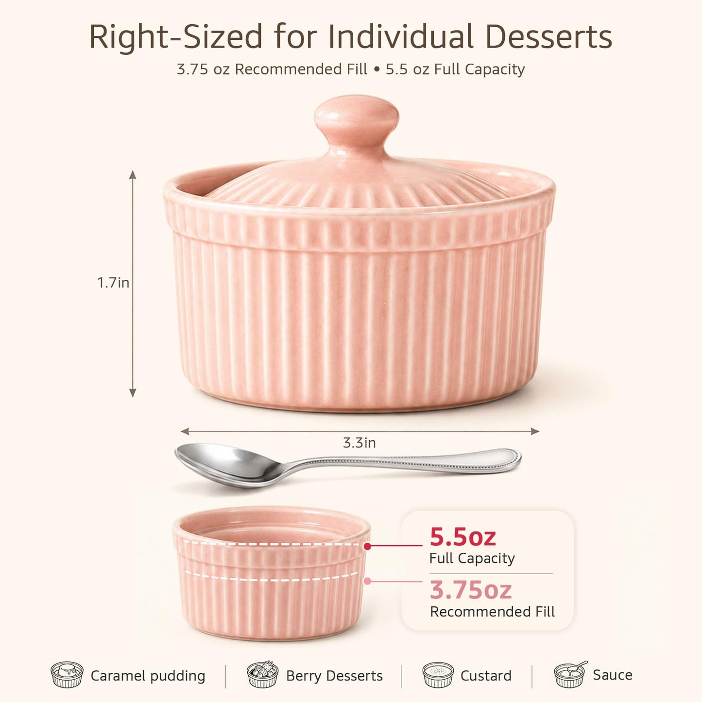 Meltset 5.5 Oz Ramekins with Lids Oven Safe Ceramics Ramekin Bowls for Baking, Porcelain Bake Dishes for Souffle, Creme Brulee, Lava Cake, Ice Cream Desserts, Snacks (Set of 5）