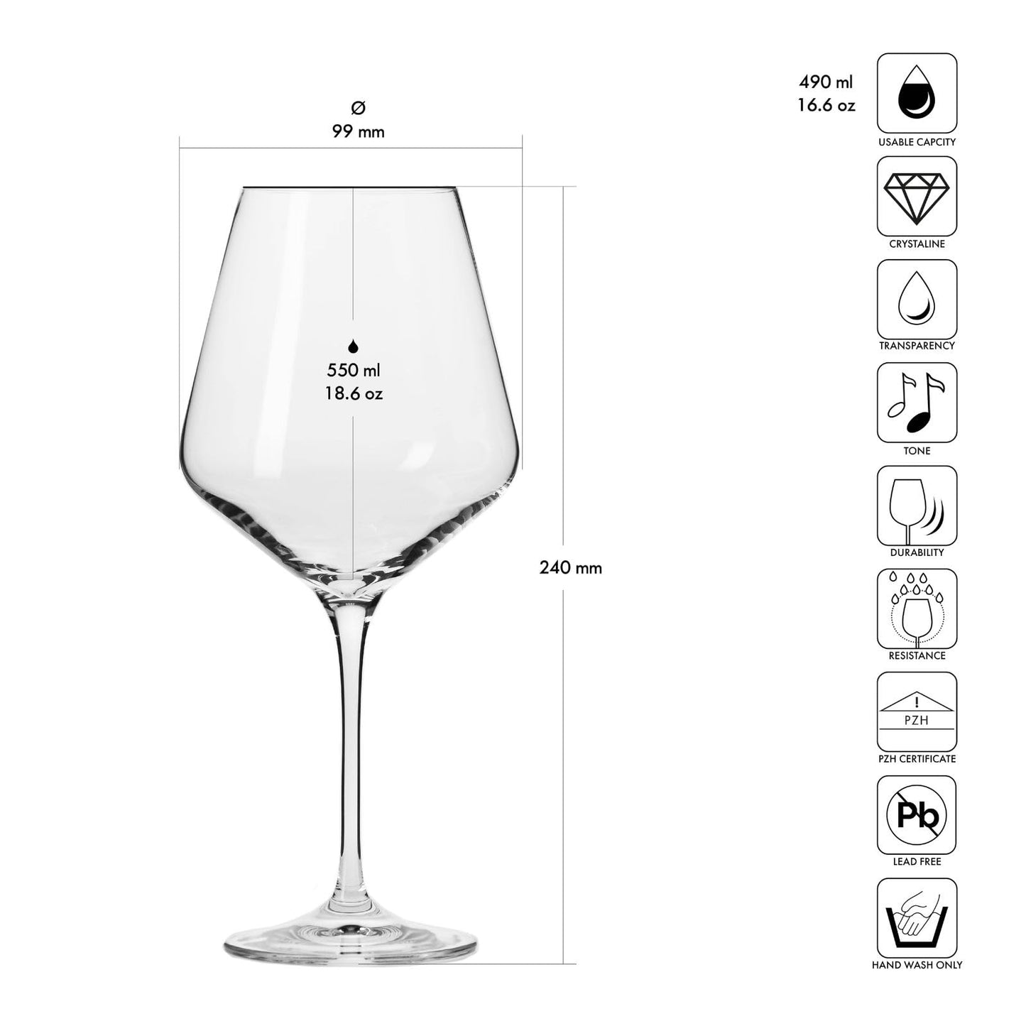 Krosno Red Wine Glasses 4-Piece 16.6 oz Avant-garde Collection, Perfect for Home, Restaurants & Parties, Dishwasher Safe, Thin Rim, Long Stem | Lead-Free Crystal Glass