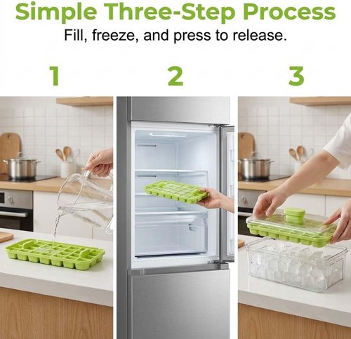 Easy Release Ice Cube Tray - 28-Cavity Clear Ice Maker with Lid, Bin & Scoop for Home Parties