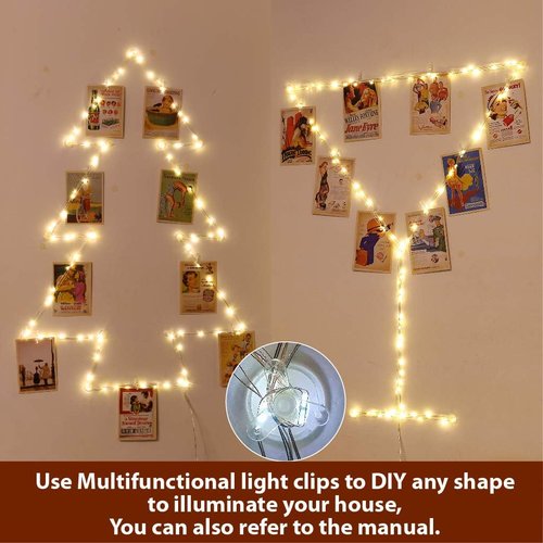 HXWEIYE Fairy Lights - 33Ft Warm White Photo Clips String Light with Timer & 8 Modes | 100 LEDs, 52 Clips, 12 Hooks