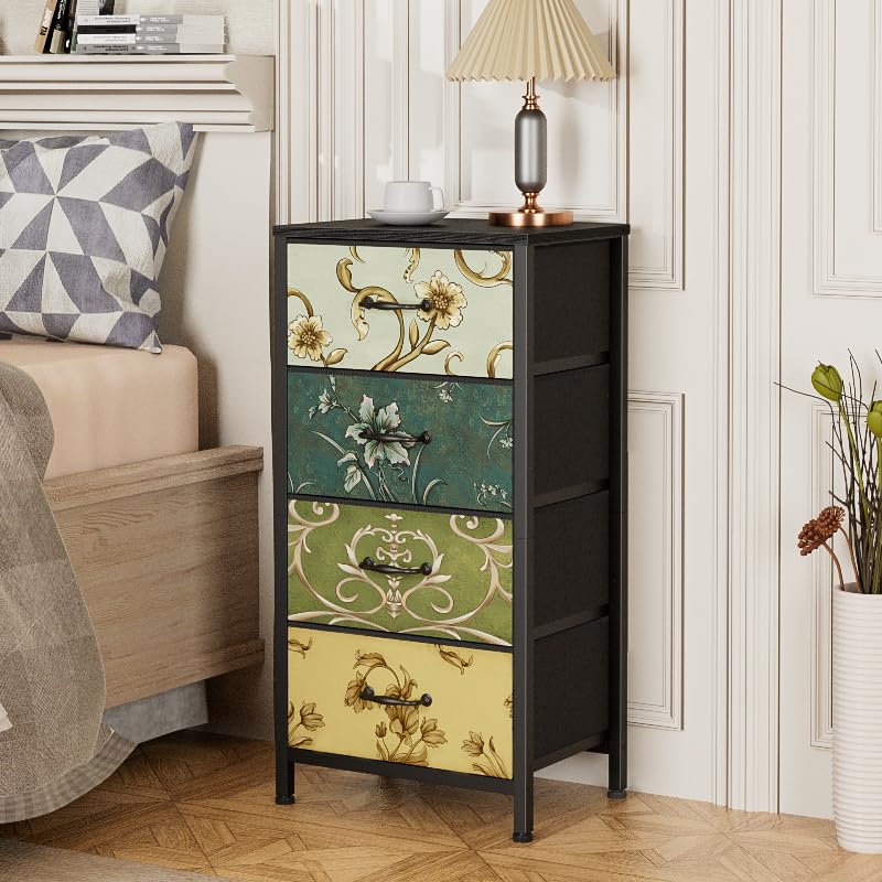Furnulem 4 Drawer Dresser - Vintage Fabric Nightstand with Wooden Top - 11.8 x 15.8 x 31.5 Inches