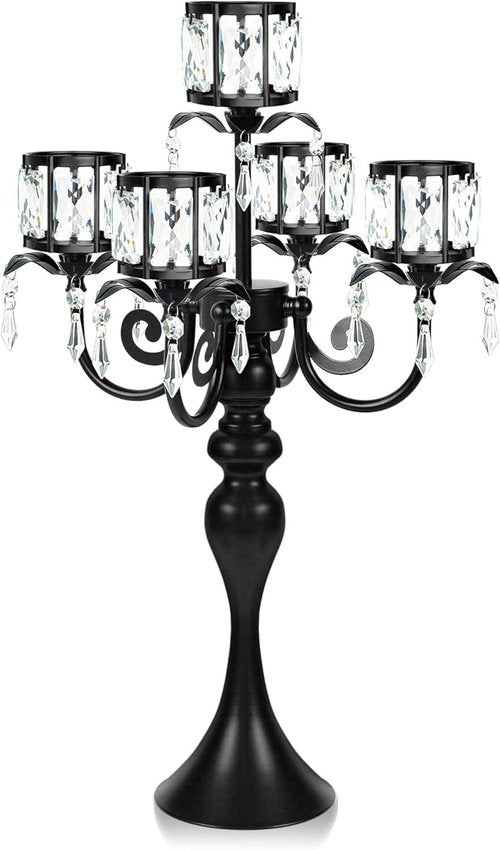 Crystal Candle Holder by [Brand Name] - 5-Arm Black Metal Design | 22-Inch Tall Wedding Centerpiece