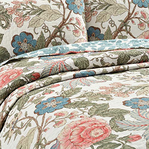 Leaf Print Reversible Cotton Quilt Set King - Blue & Green Floral Bedding