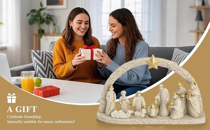 VELLORUM Nativity Scene Set with Arch – 11 Resin Figurines, Gold Accents