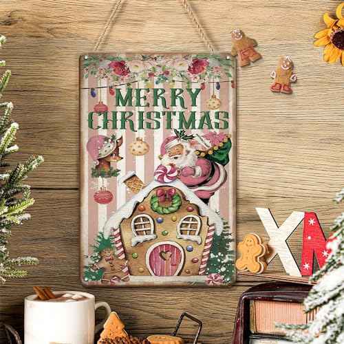 Vintage Pink Merry Christmas Signs - Santa Claus Hanging Tin Signs for Indoor/Outdoor Party Decorations