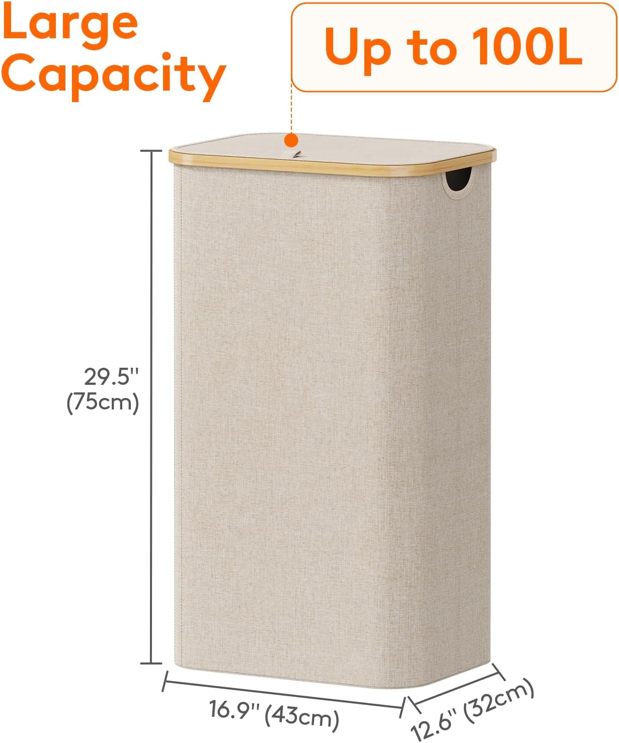 Lifewit 100L Laundry Basket - Large Collapsible Hamper with Lid & Bamboo Handles | Beige & Black