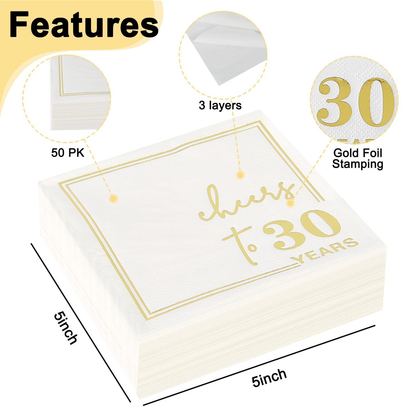 Ottin White Gold Cheers to 30 Years Cocktail Paper Napkins, 5x5 Inches, 50 Counts, 3-Ply Disposable Party Napkins for 30th Birthdays Decorations, Anniversaries, Weddings, Indoor & Outdoor Celebrations