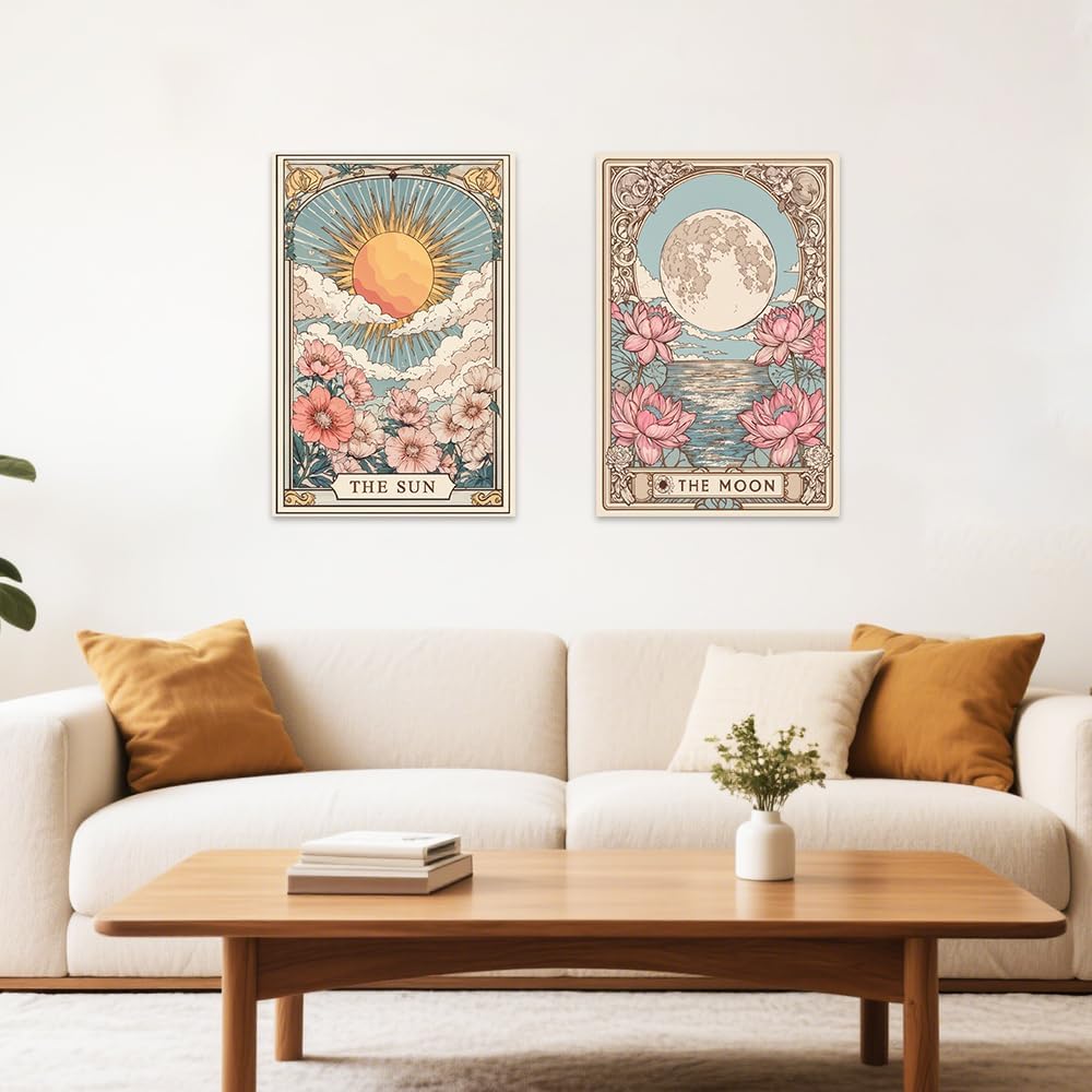 SWQYLB Celestial Sun Moon Wall Art Set - Floral Tarot Canvas Prints for Bedroom Decor (12"x16"x2)