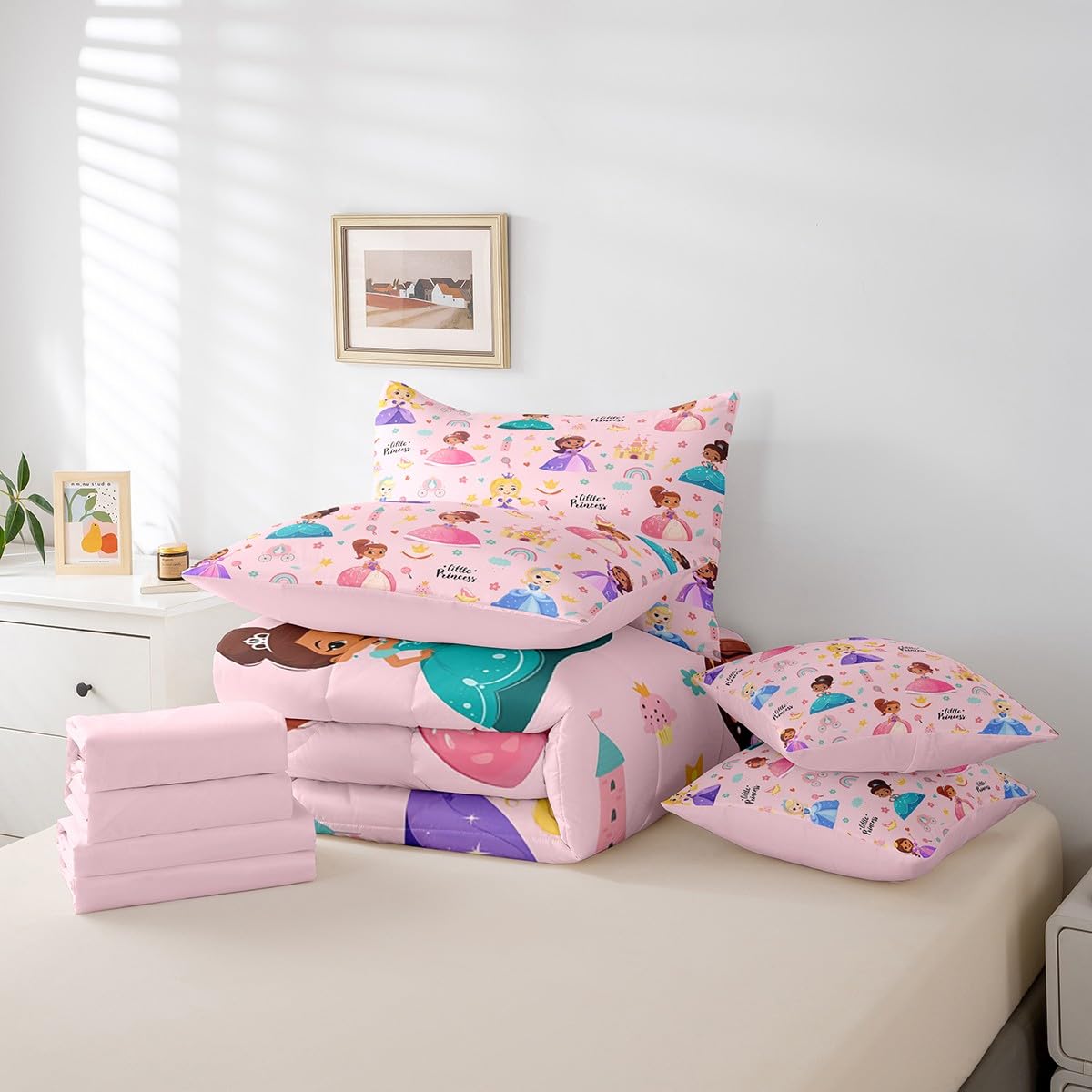 Erosebridal Kids Magical Princess 7 Piece Twin Comforter Set Bed in a Bag, Girly Cute Castle Microfiber Bedding for Sofa, Cartoon Rainbow Fitted Sheets Set for Kids Girls, Pink Princess Bed Set