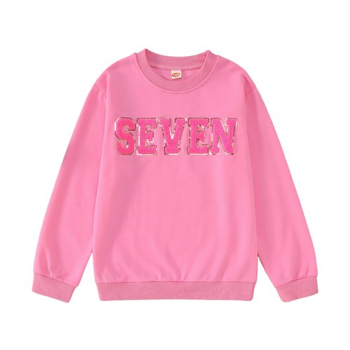 GLIGLITTR Toddler Baby Girls Birthday Outfit 2nd 3rd 4th 5th 6th 7th Bday Party Sweatshirt Chenille Patch Long Sleeve Shirt(Pink,7Years)