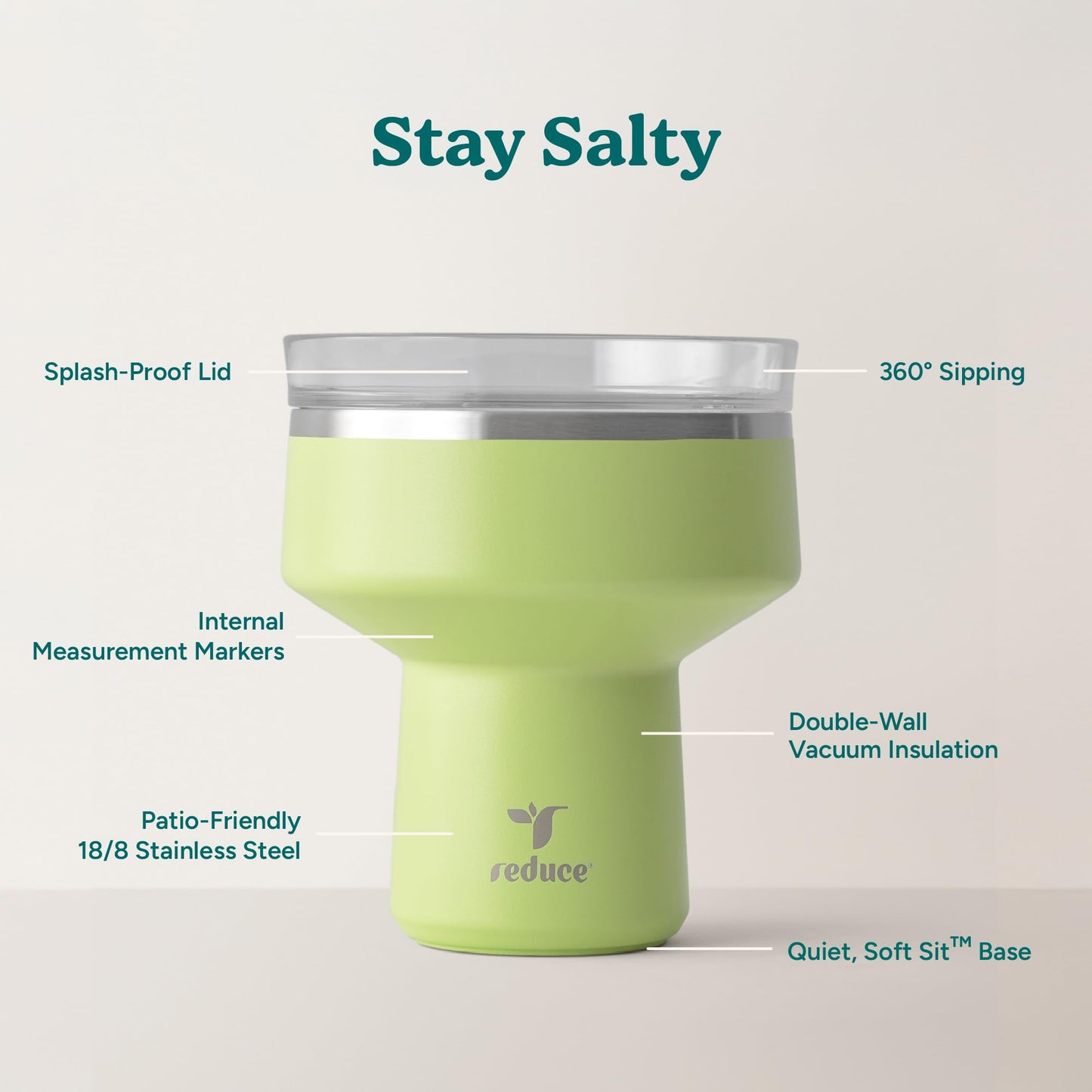 REDUCE Saltini 16 oz Cocktail Tumbler - Insulated Margarita Tumbler with Lid - Keeps Drinks Cold for 10 Hours - 360 Sippable Martini Glass Alternative - Shatterproof, Perfect for Parties - Mojito