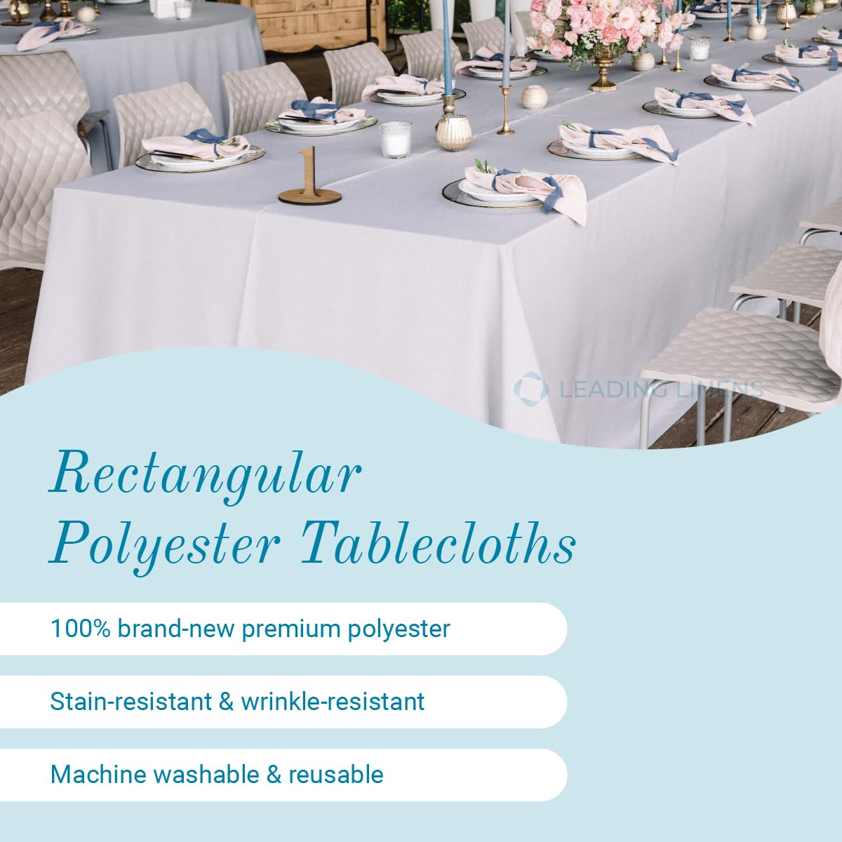 Leading Linens 2 Pack 70 x 108 Inch Rectangle White Polyester Tablecloth, Table Cover, Stain and Wrinkle Resistant, Washable for Dining Table, Wedding Reception, Banquet, Party