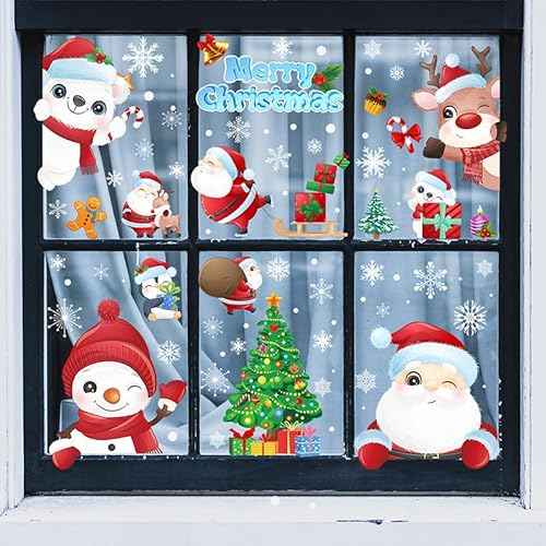 192Pcs Christmas Window Clings for Glass Windows, 9 Sheet Christmas Window Stickers Santa Claus Snowman Reindeer for Xmas Holiday Indoor Decals Party Supplies